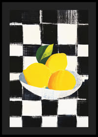 Poster con un dipinto di limoni su uno sfondo a scacchi bianco e nero-4