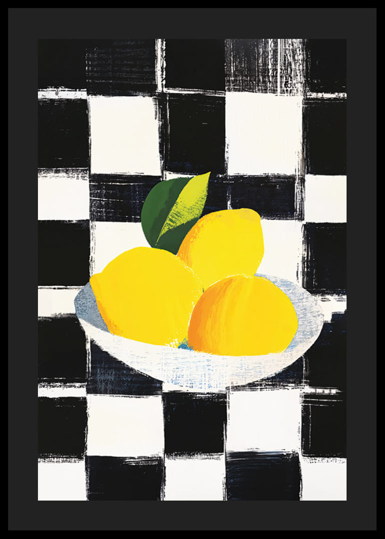 Poster con un dipinto di limoni su uno sfondo a scacchi bianco e nero-12