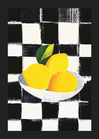 Poster con un dipinto di limoni su uno sfondo a scacchi bianco e nero-5