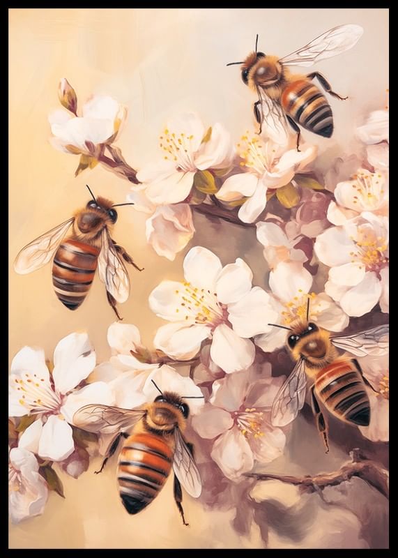 En poster med bin som arbetar bland blommande grenar i mjukt gyllene ljus-12