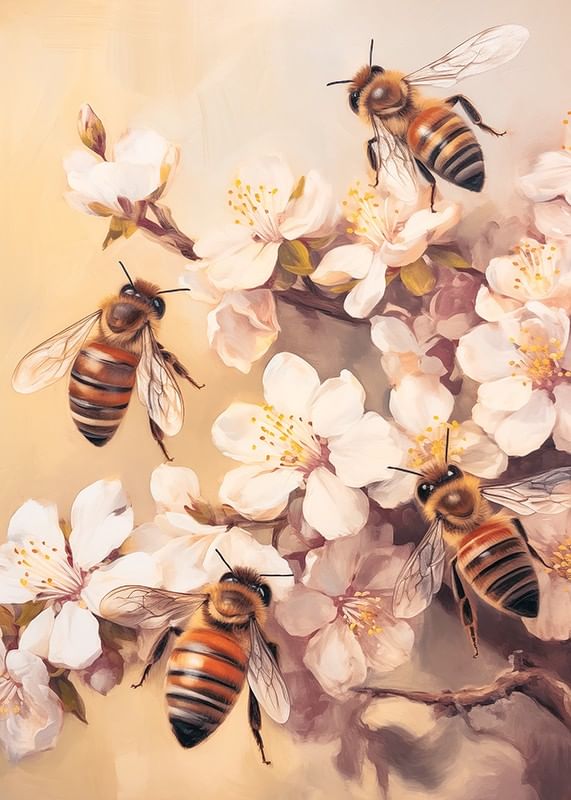 En poster med bin som arbetar bland blommande grenar i mjukt gyllene ljus-12