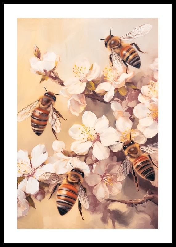 En poster med bin som arbetar bland blommande grenar i mjukt gyllene ljus-12