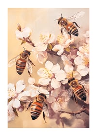 En poster med bin som arbetar bland blommande grenar i mjukt gyllene ljus-1
