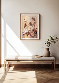En poster med bin som arbetar bland blommande grenar i mjukt gyllene ljus-4