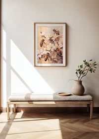En poster med bin som arbetar bland blommande grenar i mjukt gyllene ljus-4