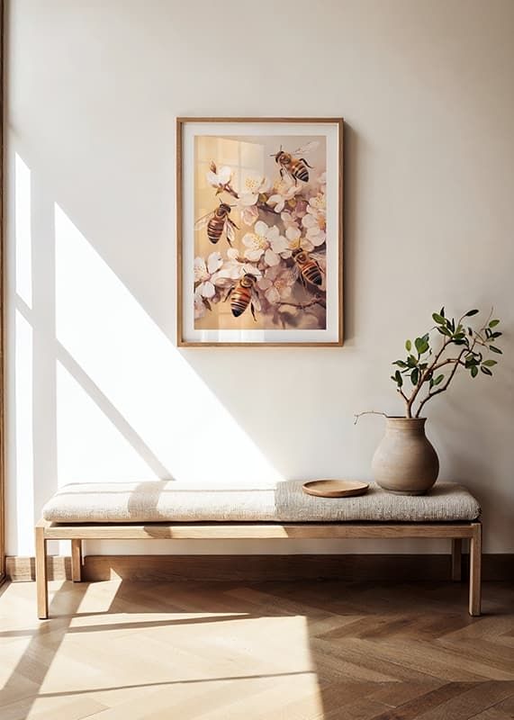 En poster med bin som arbetar bland blommande grenar i mjukt gyllene ljus-12