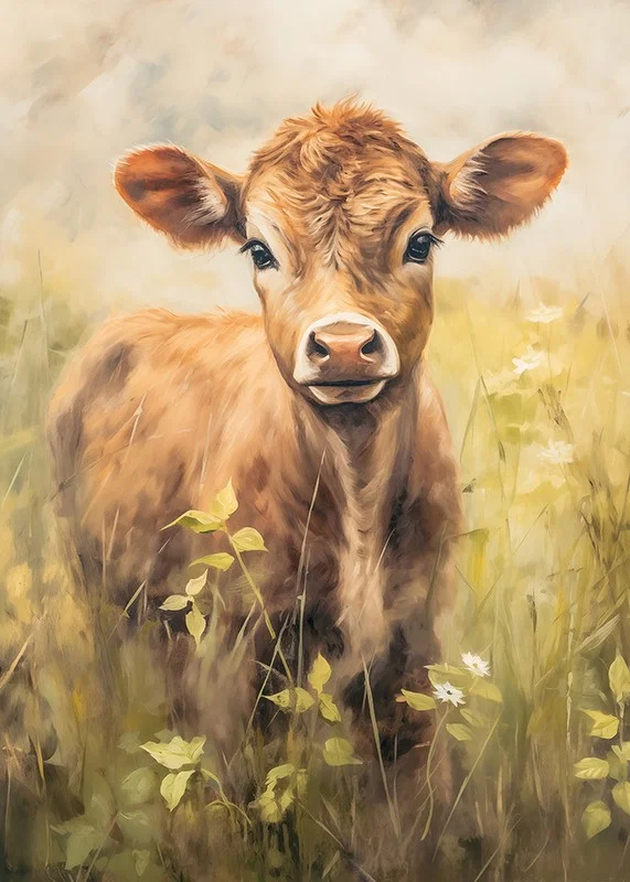 En poster med en söt kalv i en blommande sommaräng, badande i mjukt gyllene ljus-12