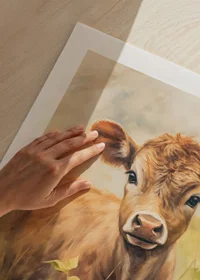 En poster med en söt kalv i en blommande sommaräng, badande i mjukt gyllene ljus-5