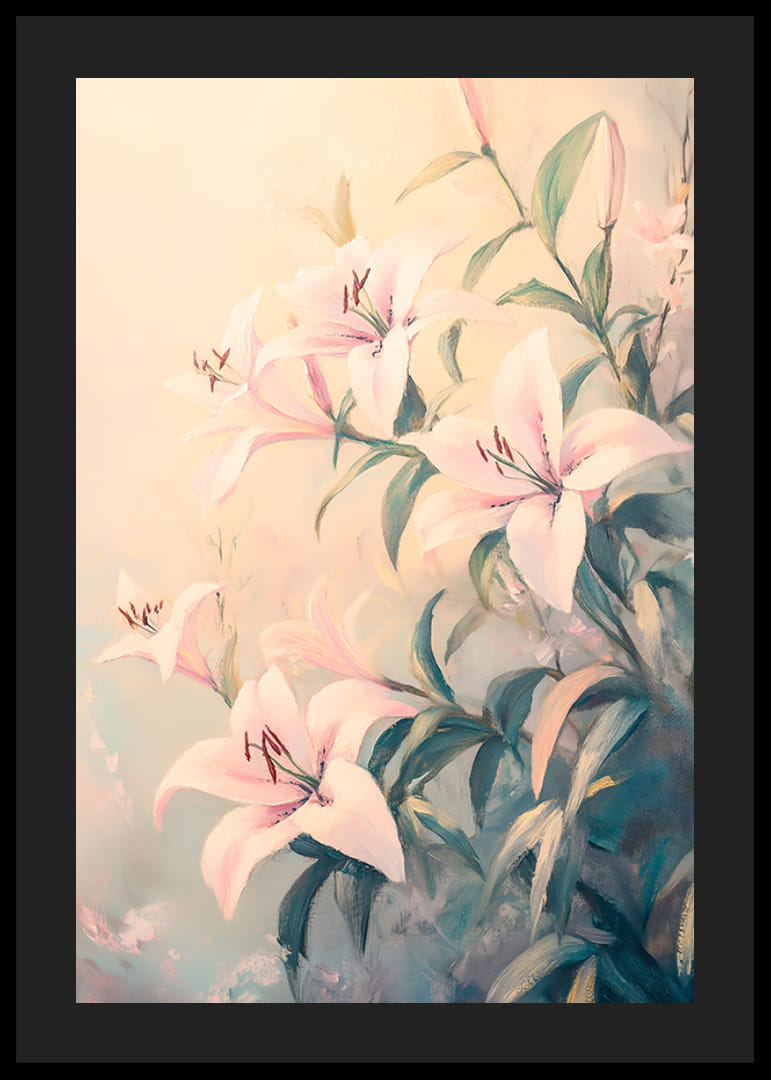 En poster med rosa liljor i blom mot en mjuk pastellbakgrund -12