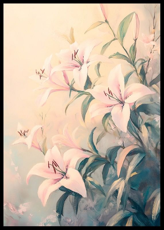 Un poster cu crini roz în floare pe un fundal pastel moale -12