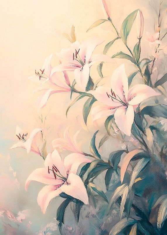 Un poster cu crini roz în floare pe un fundal pastel moale -12