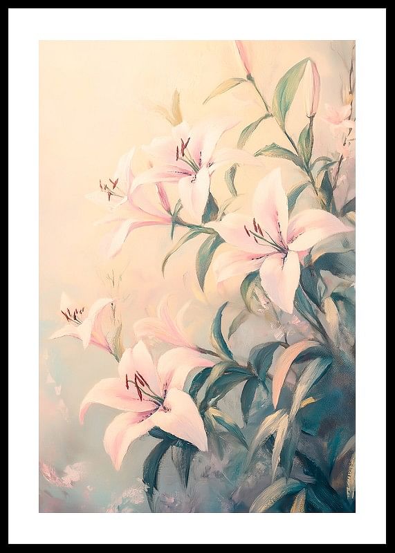 Un poster cu crini roz în floare pe un fundal pastel moale -12