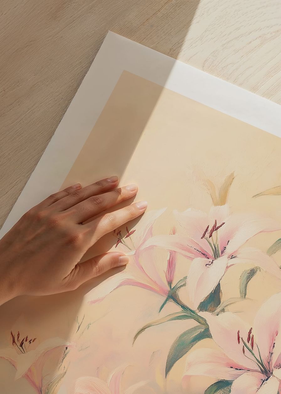 Un poster cu crini roz în floare pe un fundal pastel moale -12