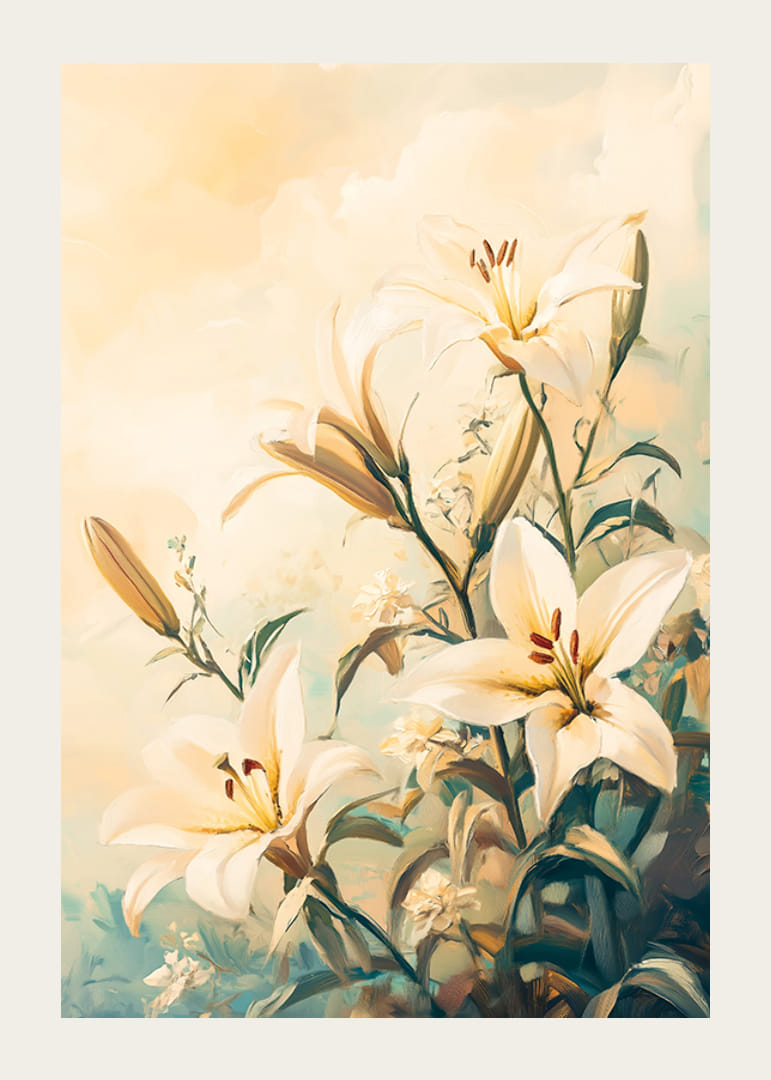 A poster with lilies in full bloom, surrounded by harmonious pastel tones-12