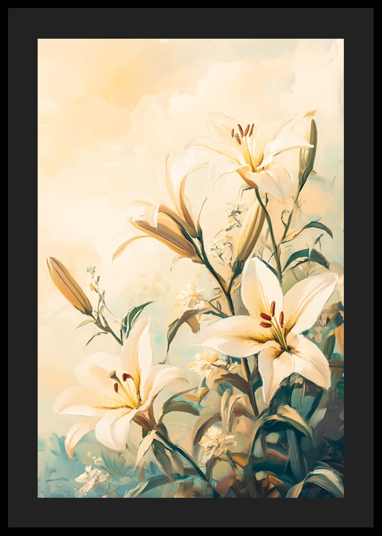 A poster with lilies in full bloom, surrounded by harmonious pastel tones-12