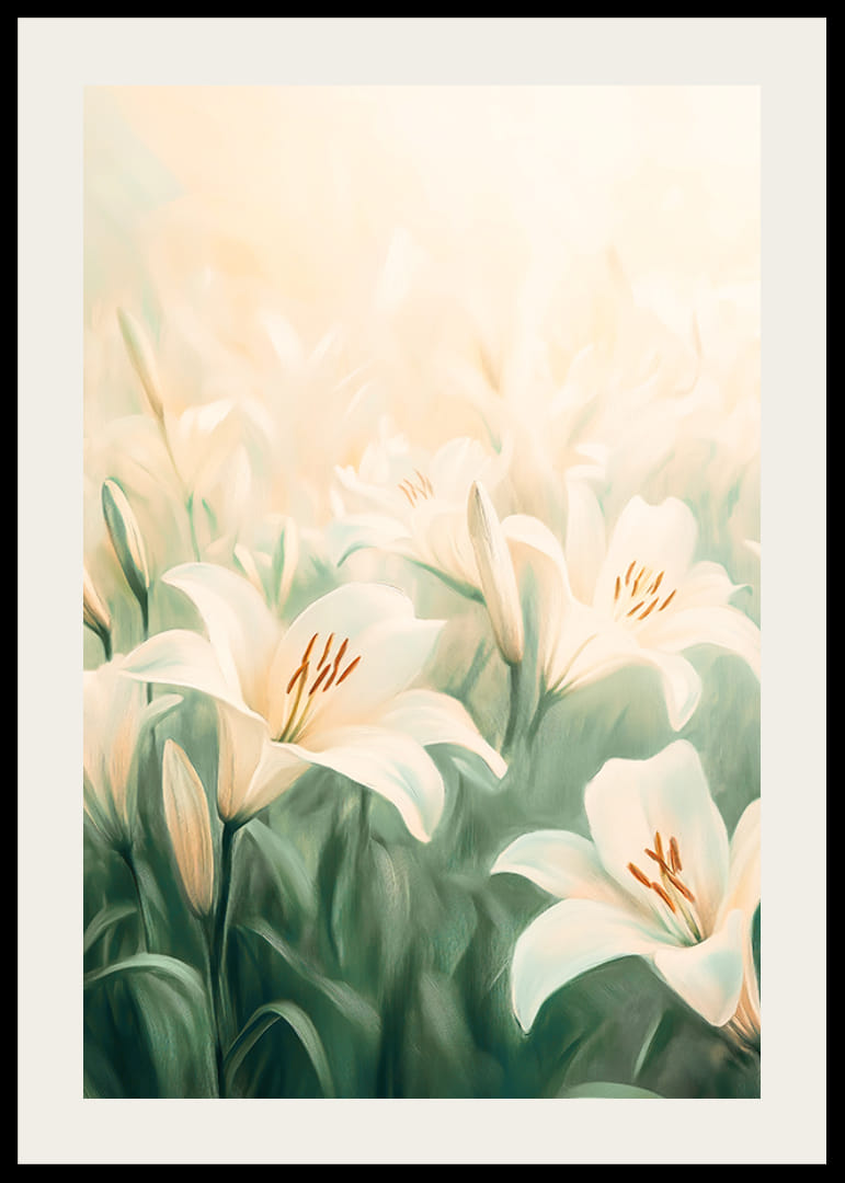 A poster with a sea of ​​white lilies bathed in soft golden light-12