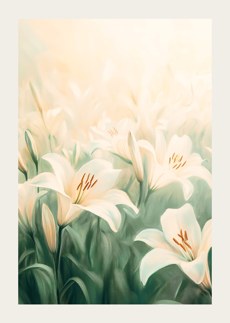 A poster with a sea of ​​white lilies bathed in soft golden light-12