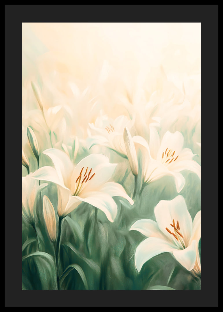 Ein Poster mit einem Meer aus weißen Lilien, getaucht in sanftes goldenes Licht-12