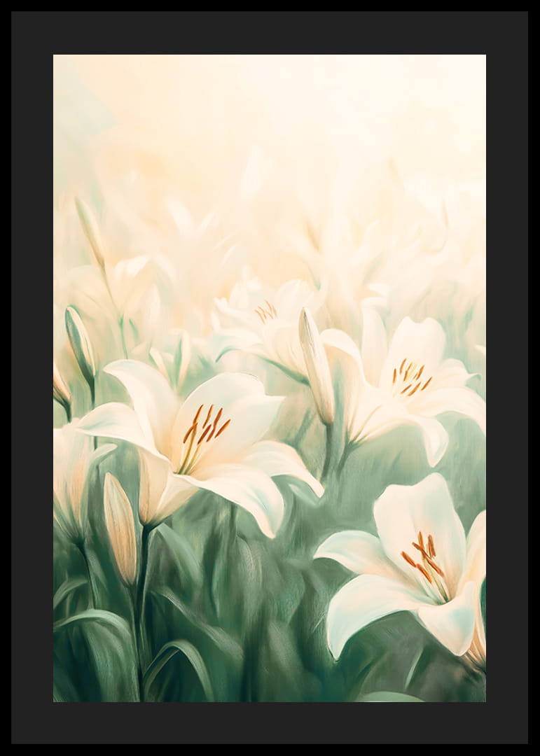 A poster with a sea of ​​white lilies bathed in soft golden light-12
