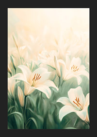 Ein Poster mit einem Meer aus weißen Lilien, getaucht in sanftes goldenes Licht-5