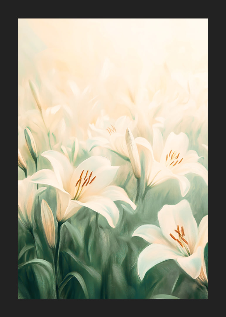 Ein Poster mit einem Meer aus weißen Lilien, getaucht in sanftes goldenes Licht-12