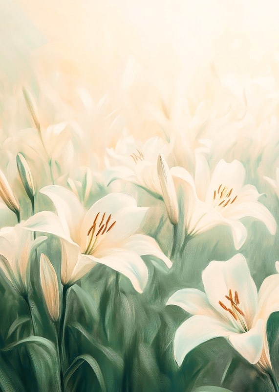 Ein Poster mit einem Meer aus weißen Lilien, getaucht in sanftes goldenes Licht-12