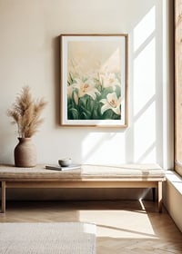 Ein Poster mit einem Meer aus weißen Lilien, getaucht in sanftes goldenes Licht-8