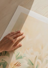 Ein Poster mit einem Meer aus weißen Lilien, getaucht in sanftes goldenes Licht-9