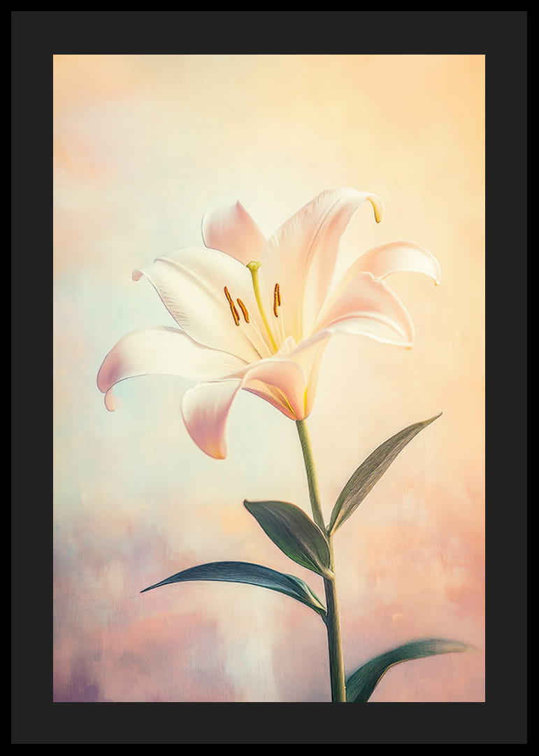 En poster med en vit lilja mot en mjuk pastellbakgrund som utstrålar harmoni och skönhet-12