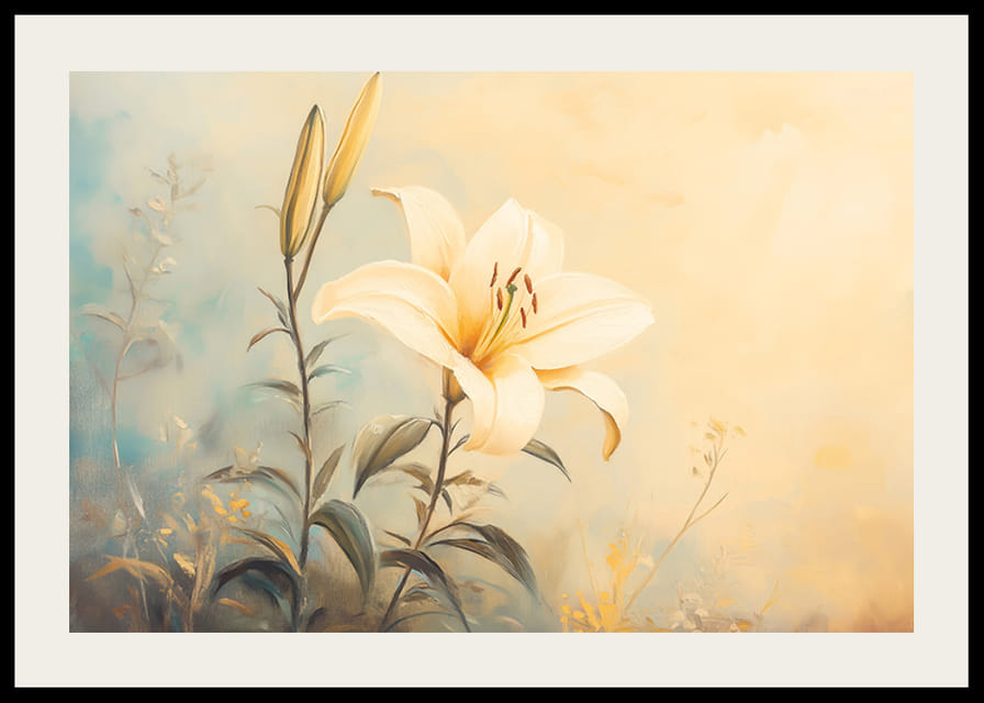 A poster with a blooming lily in soft golden light that radiates harmony -12