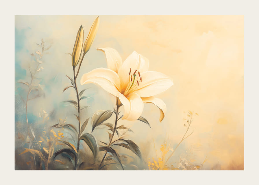 A poster with a blooming lily in soft golden light that radiates harmony -12