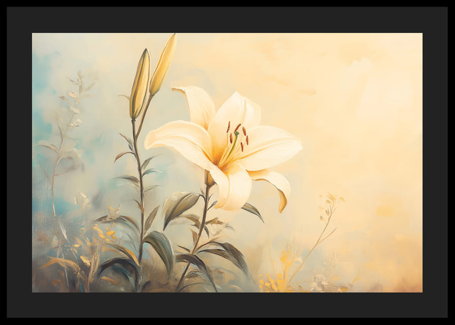 A poster with a blooming lily in soft golden light that radiates harmony -12