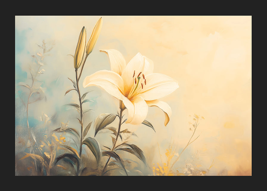 A poster with a blooming lily in soft golden light that radiates harmony -12