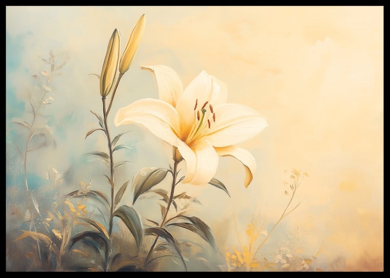 A poster with a blooming lily in soft golden light that radiates harmony -12