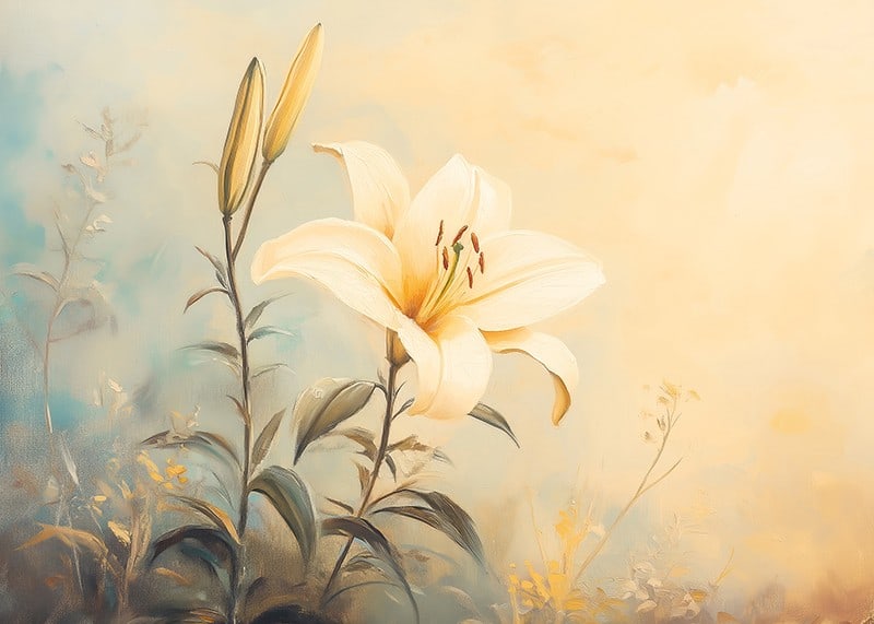 A poster with a blooming lily in soft golden light that radiates harmony -12