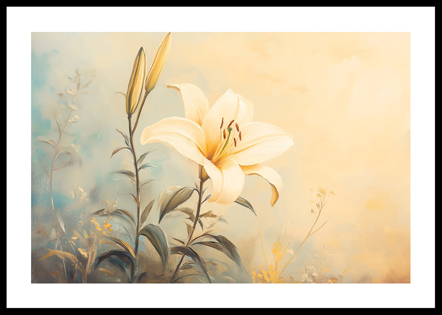 A poster with a blooming lily in soft golden light that radiates harmony -12