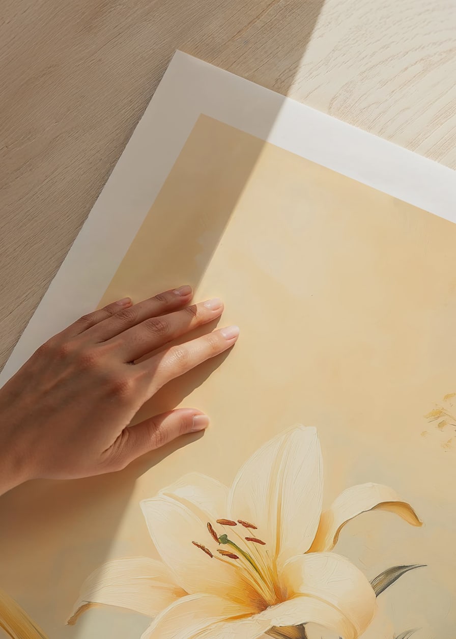 A poster with a blooming lily in soft golden light that radiates harmony -12