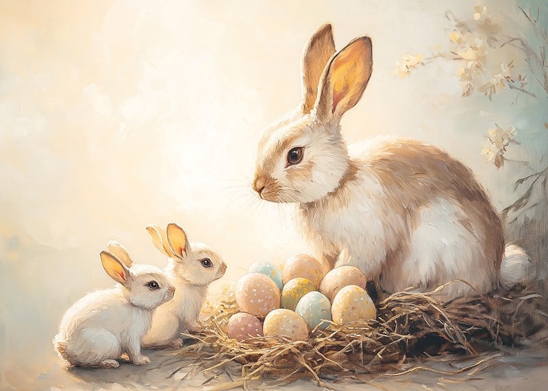 A poster with bunnies and colorful Easter eggs in a warm spring glow-12