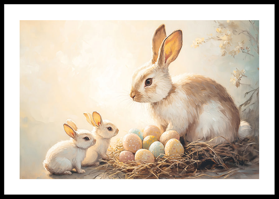 A poster with bunnies and colorful Easter eggs in a warm spring glow-12