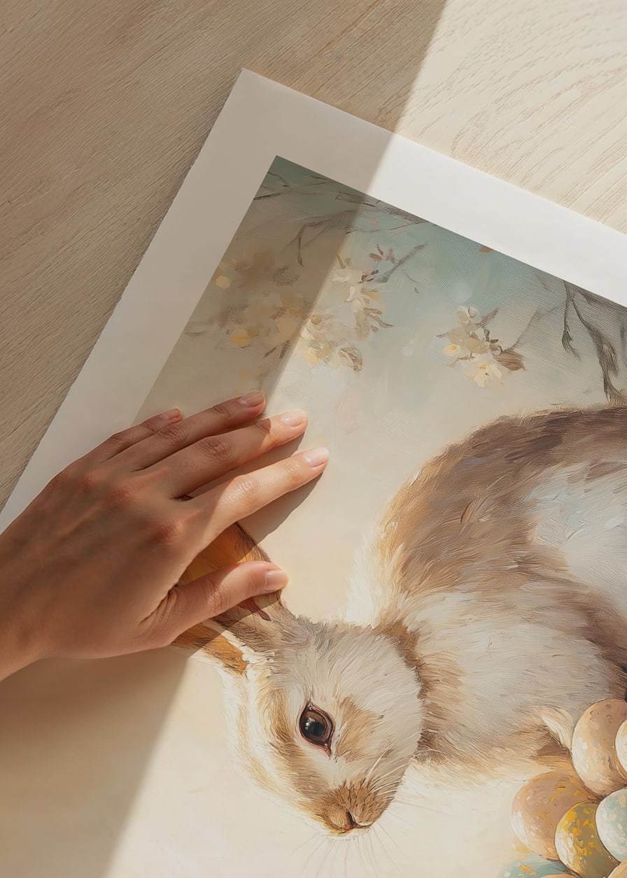 A poster with bunnies and colorful Easter eggs in a warm spring glow-12