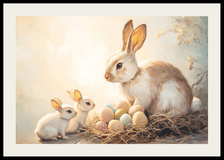 A poster with bunnies and colorful Easter eggs in a warm spring glow-12