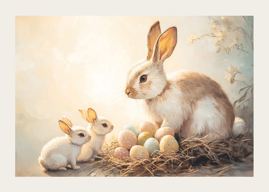 A poster with bunnies and colorful Easter eggs in a warm spring glow-12