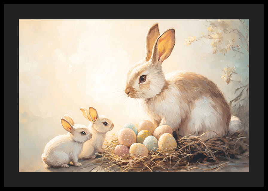 A poster with bunnies and colorful Easter eggs in a warm spring glow-12