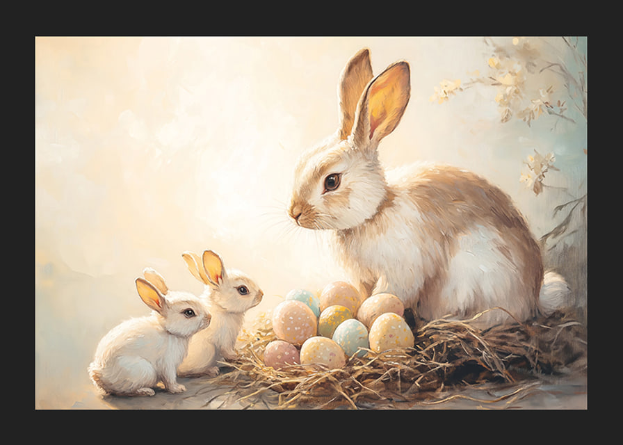 A poster with bunnies and colorful Easter eggs in a warm spring glow-12
