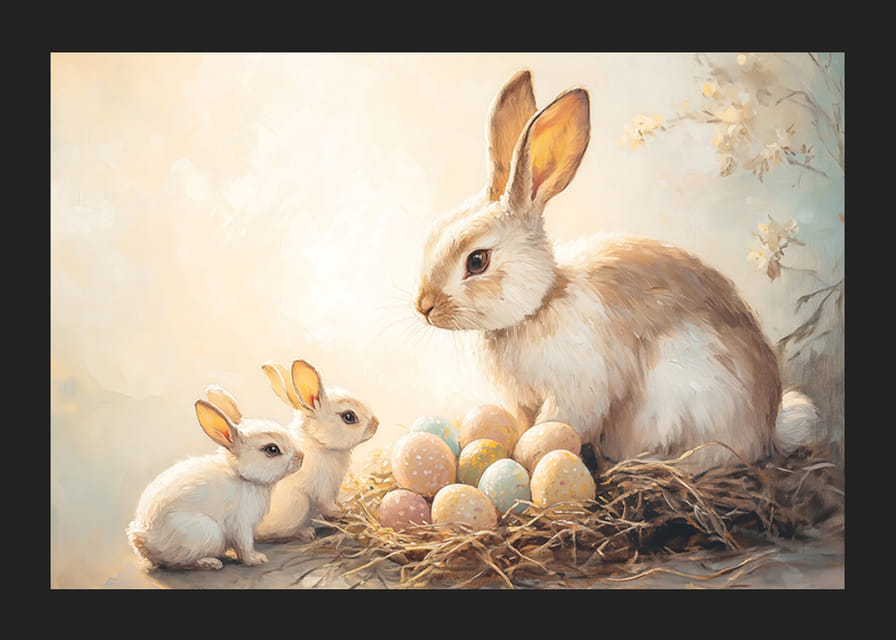 A poster with bunnies and colorful Easter eggs in a warm spring glow-12