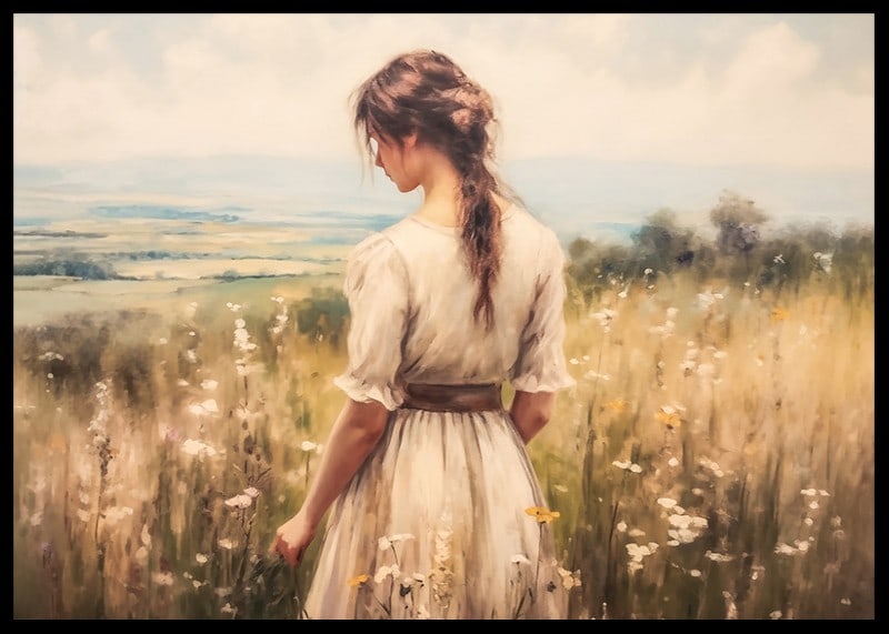 A poster of a woman in a blooming meadow that radiates peace and harmony-12