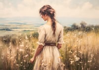 A poster of a woman in a blooming meadow that radiates peace and harmony-7