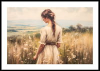 A poster of a woman in a blooming meadow that radiates peace and harmony-0