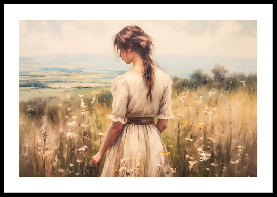 A poster of a woman in a blooming meadow that radiates peace and harmony-12