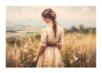 A poster of a woman in a blooming meadow that radiates peace and harmony-1